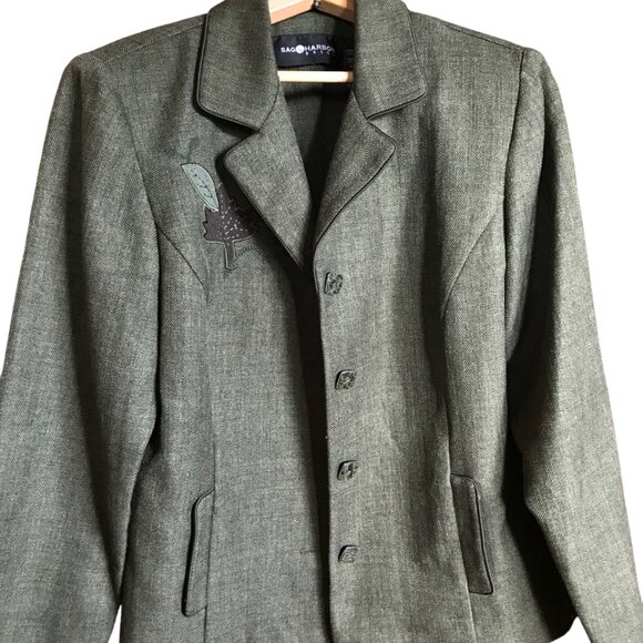 Sag Harbor Blazer: Lightweight 90s Autumn Embroidered Leaf Olive Green, Size 12 - Picture 4 of 11